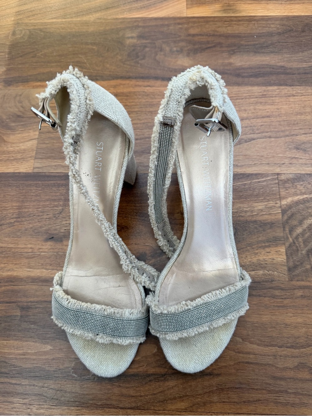 Stuart Weitzman Frayed Strap Neutral Block Heel Sandals
